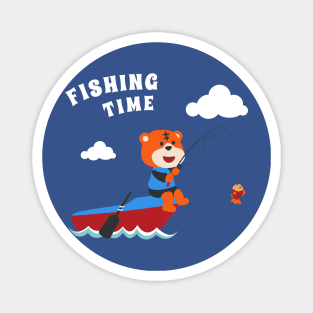 Vector cartoon illustration of cute tiger fishing on sailboat Magnet